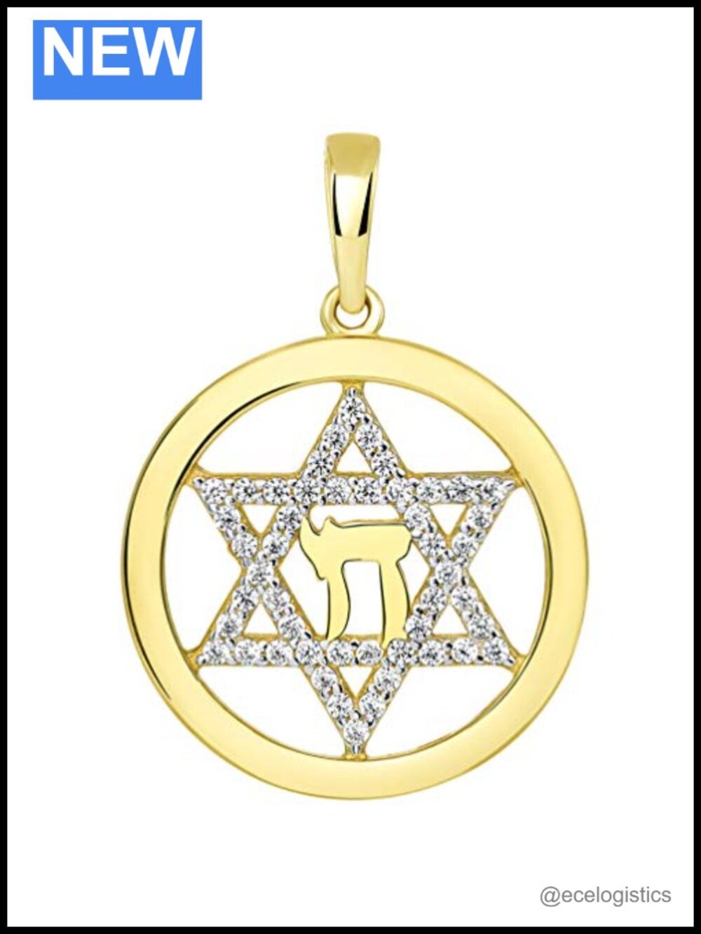14k Yellow Gold Round CZ Star of David Chai Pendant
